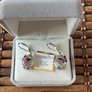 Sterling Silver Moonstone Butterfly Dangle Earrings Red Enamel Vintage Style